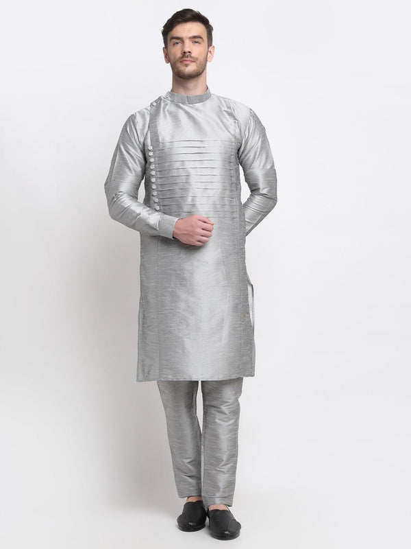 Men's Grey Solid Kurta With Churidaar Pyjama - Benstoke - Indiakreations