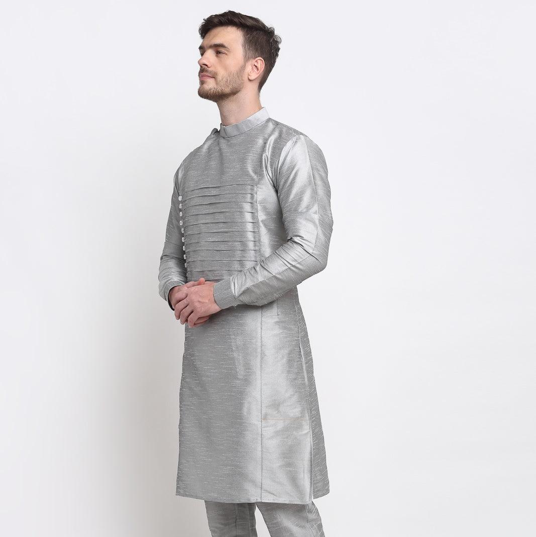 Men's Grey Solid Long Kurta - Benstoke - Indiakreations