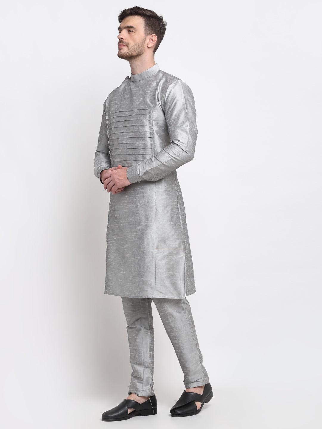 Men's Grey Solid Kurta With Churidaar Pyjama - Benstoke - Indiakreations