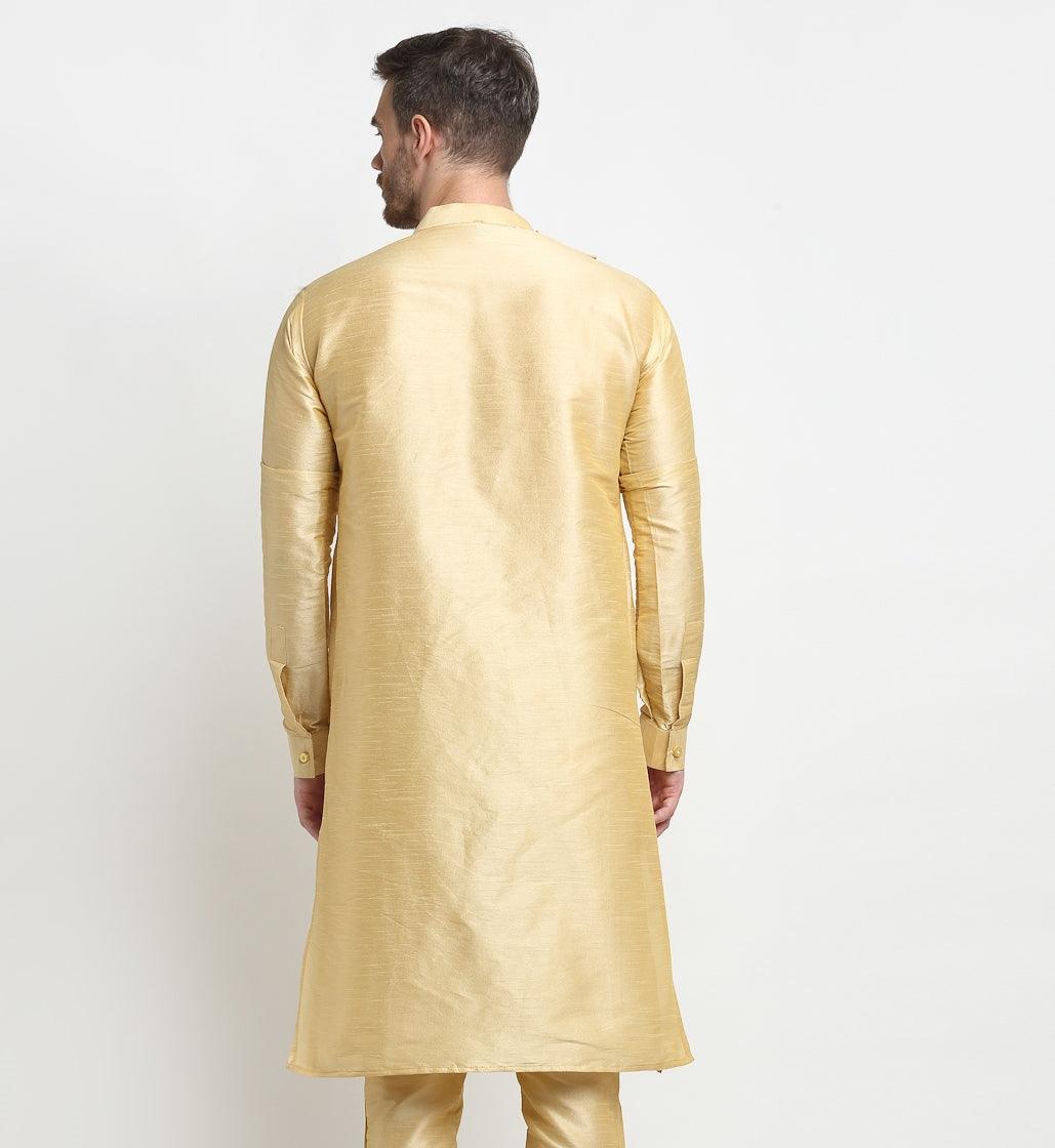 Men's Gold Solid Long Kurta - Benstoke - Indiakreations