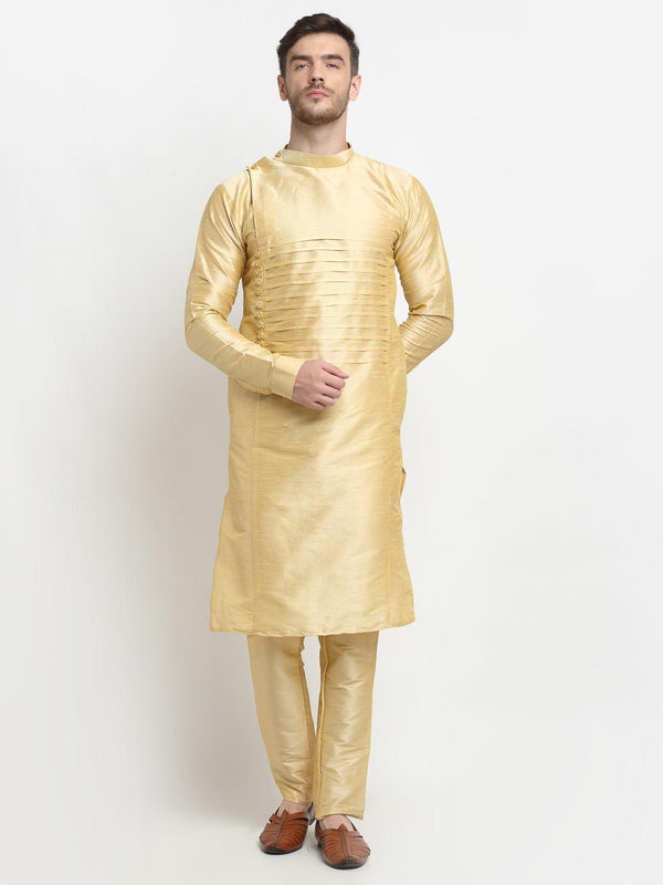 Men's Gold Solid Kurta With Churidaar Pyjama - Benstoke - Indiakreations