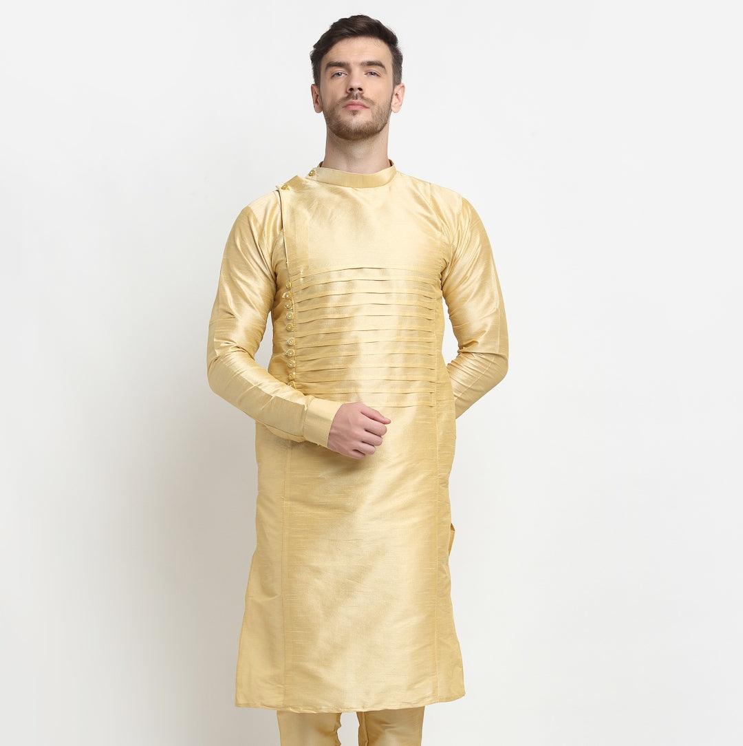 Men's Gold Solid Long Kurta - Benstoke - Indiakreations