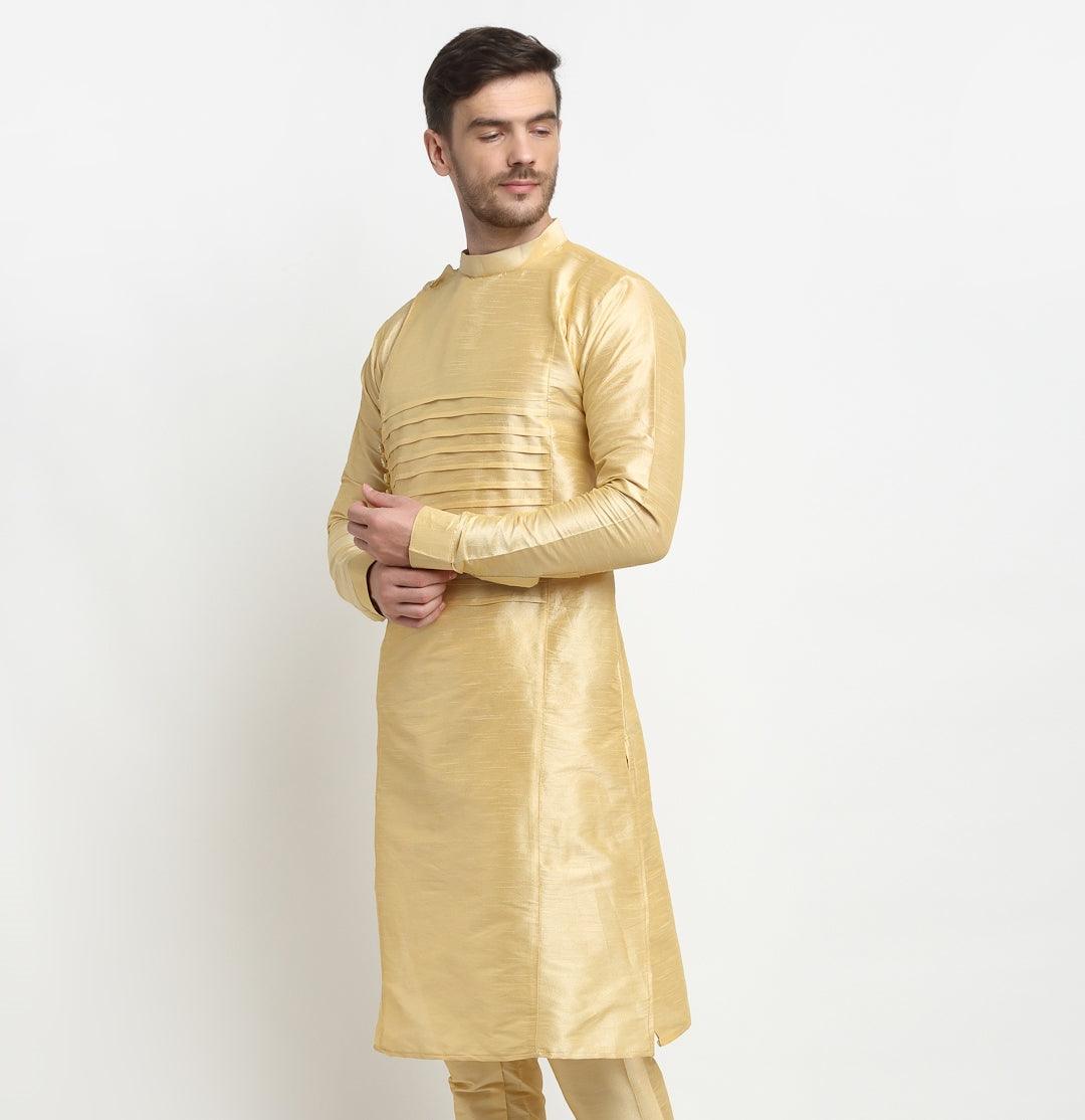 Men's Gold Solid Long Kurta - Benstoke - Indiakreations