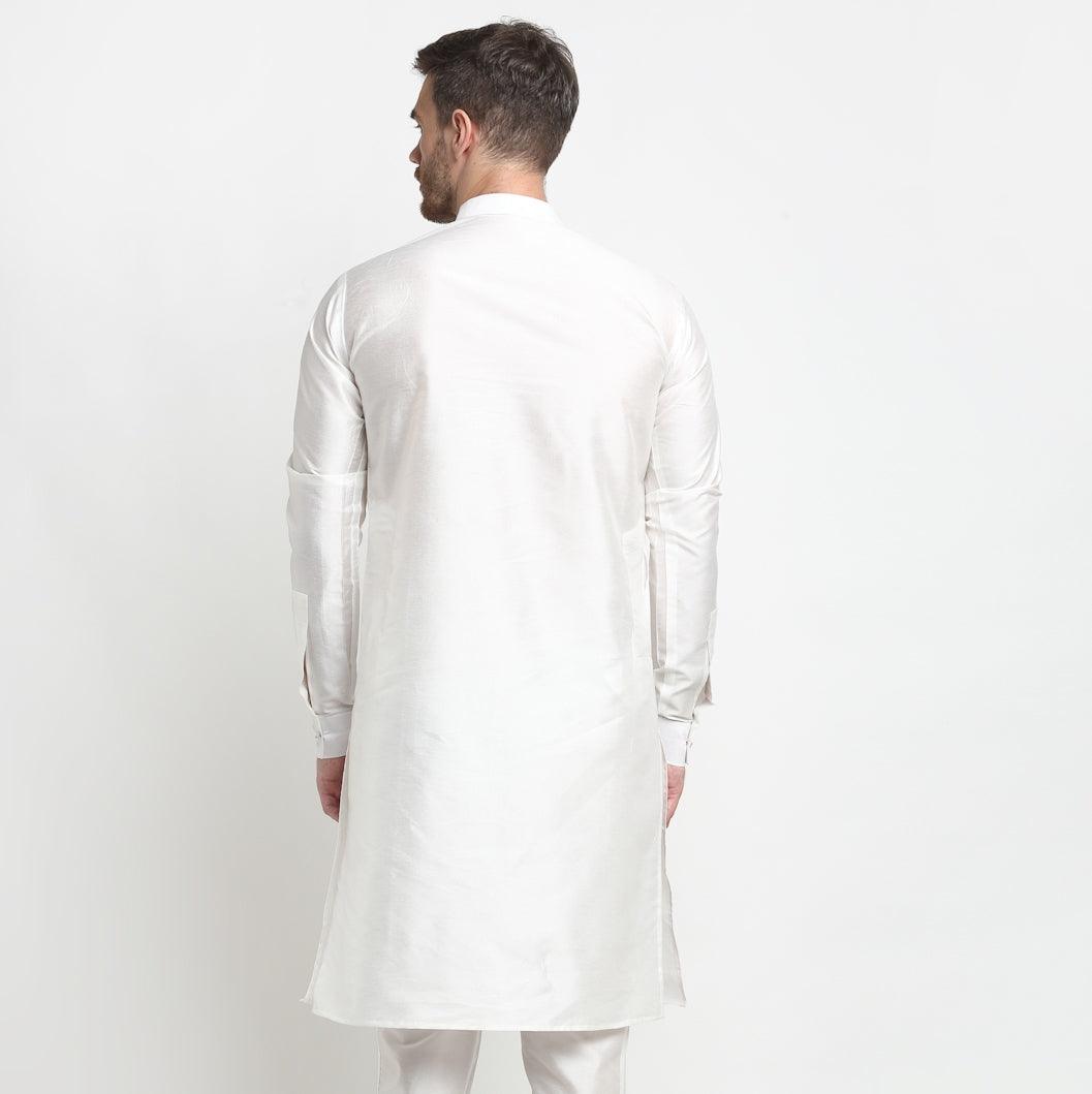 Men's White Solid Long Kurta - Benstoke - Indiakreations