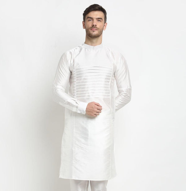 Men's White Solid Long Kurta - Benstoke - Indiakreations