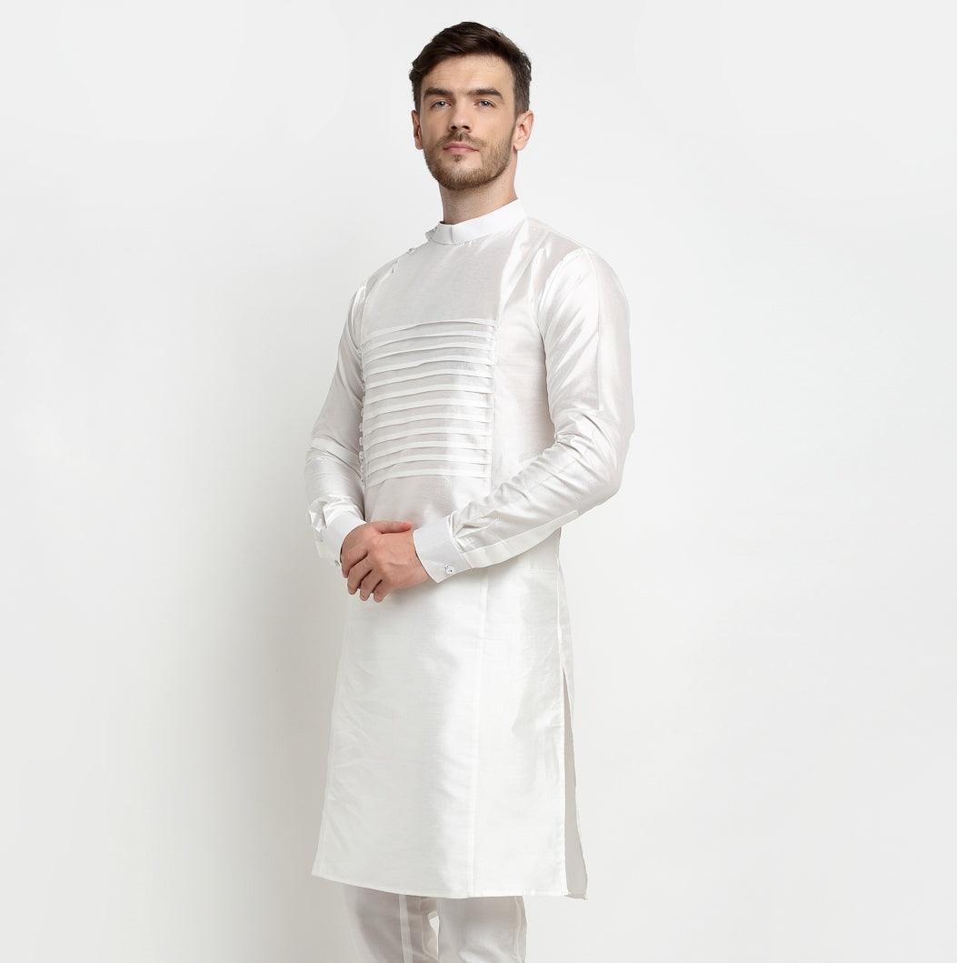 Men's White Solid Long Kurta - Benstoke - Indiakreations