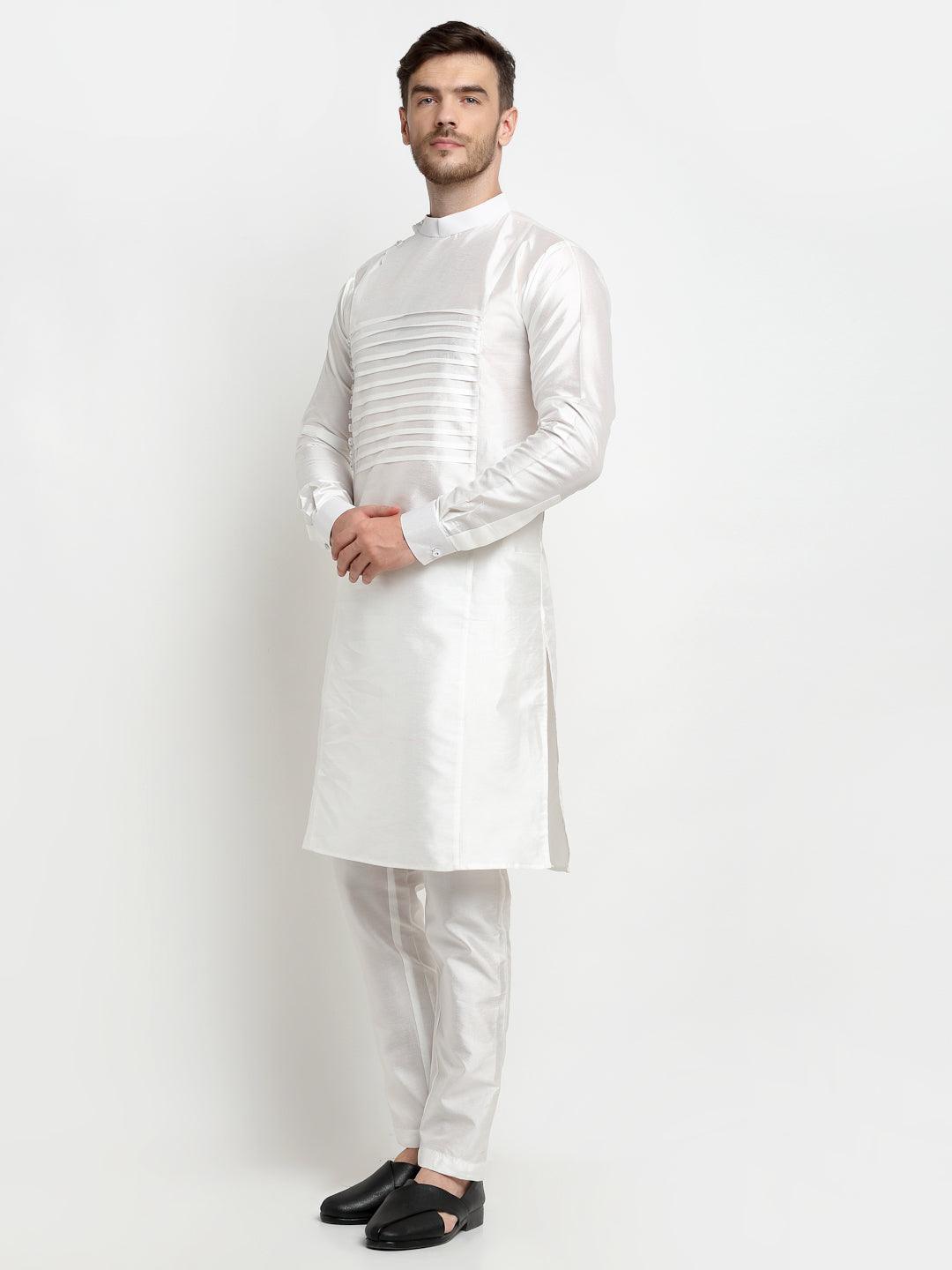 Men's White Solid Kurta With Churidaar Pyjama - Benstoke - Indiakreations