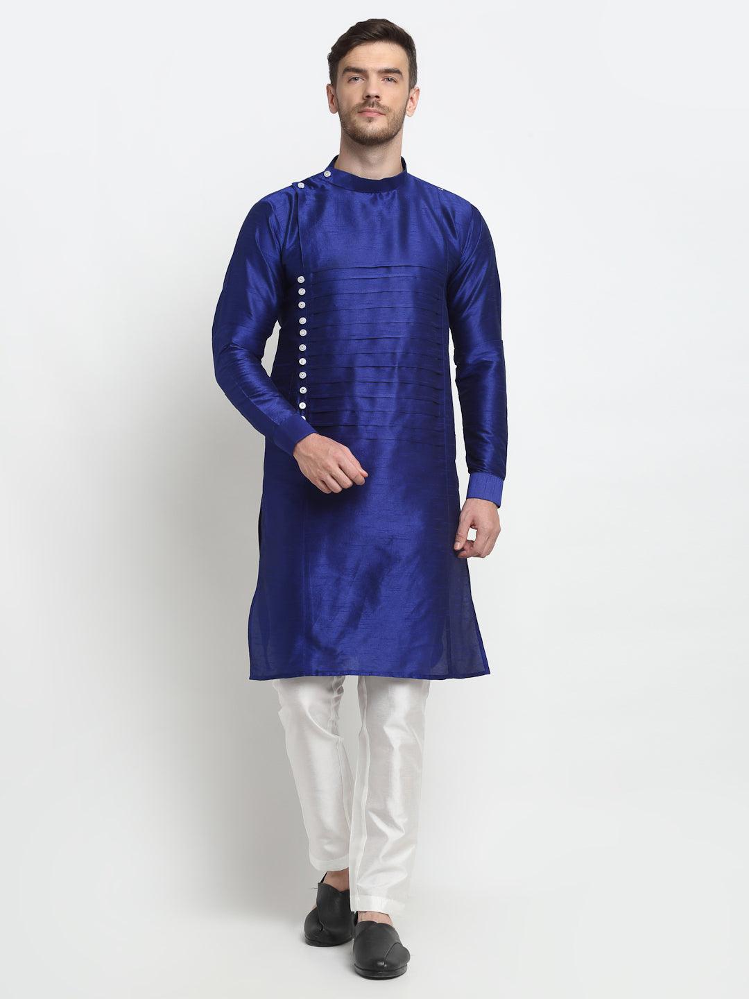 Men's Royal Blue Solid Kurta With Churidaar Pyjama - Benstoke - Indiakreations