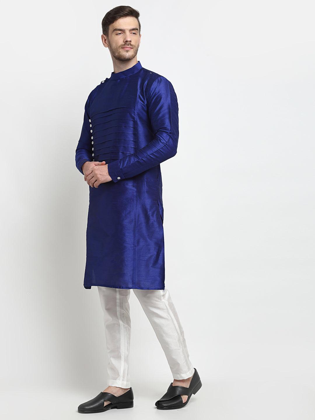 Men's Royal Blue Solid Kurta With Churidaar Pyjama - Benstoke - Indiakreations