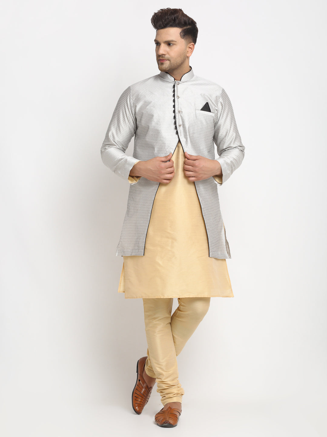 Men's Gold Kurta With Pyjama & Grey Self Design Jacket - Benstoke