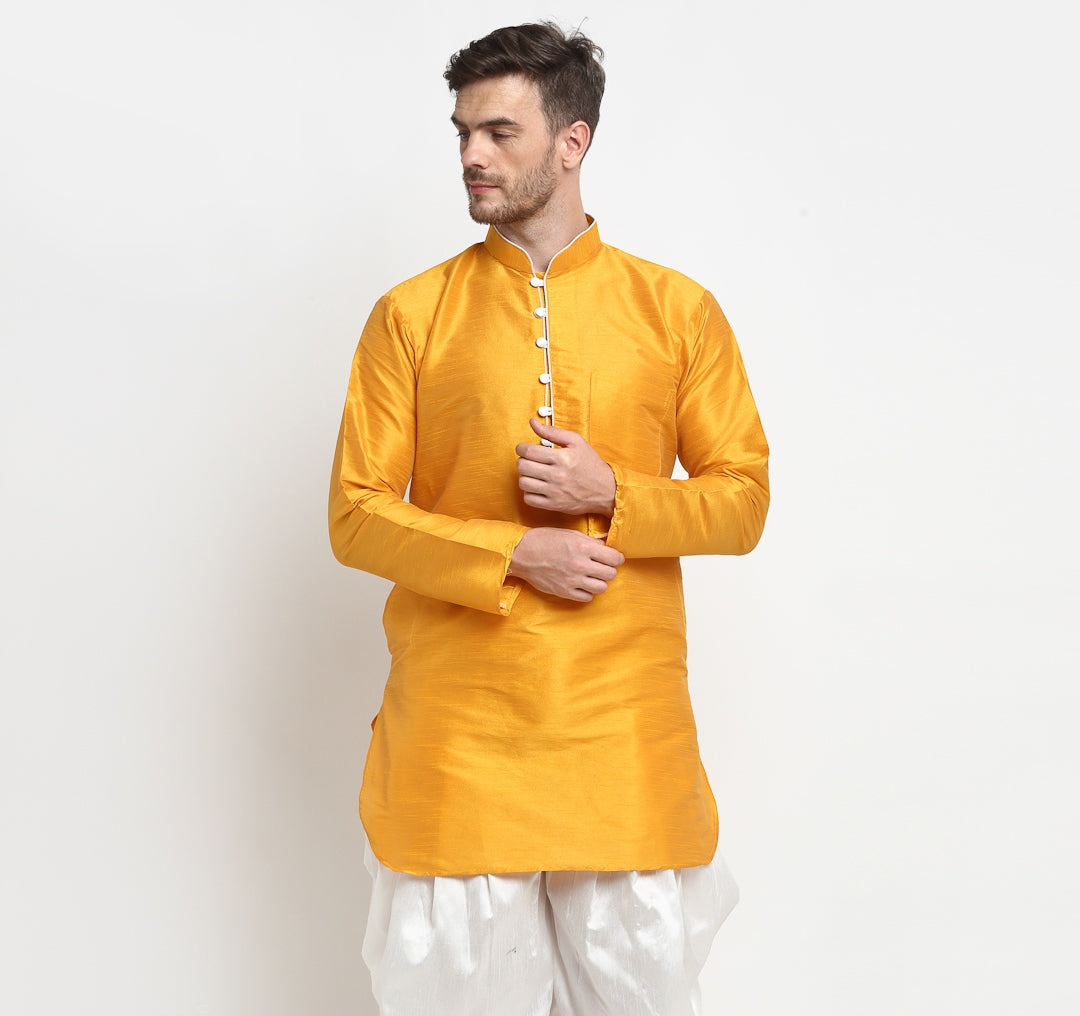 Men's Silk Blend Yellow Short Kurta - Benstoke