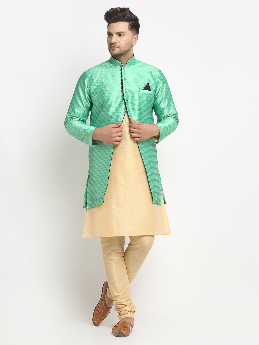 Men's Gold Kurta With Pyjama & Sea Green Self Design Jacket - Benstoke