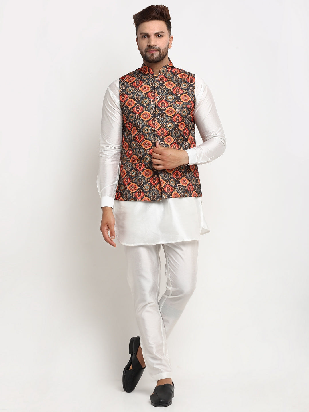 Men's Silk Blend White Kurta With Pyjama & Black Printed Nehru Jacket - Benstoke