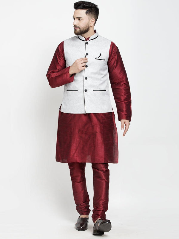 Men's Silk Blend Maroon Kurta With Pyjama & Grey Nehru Jacket - Benstoke - Indiakreations