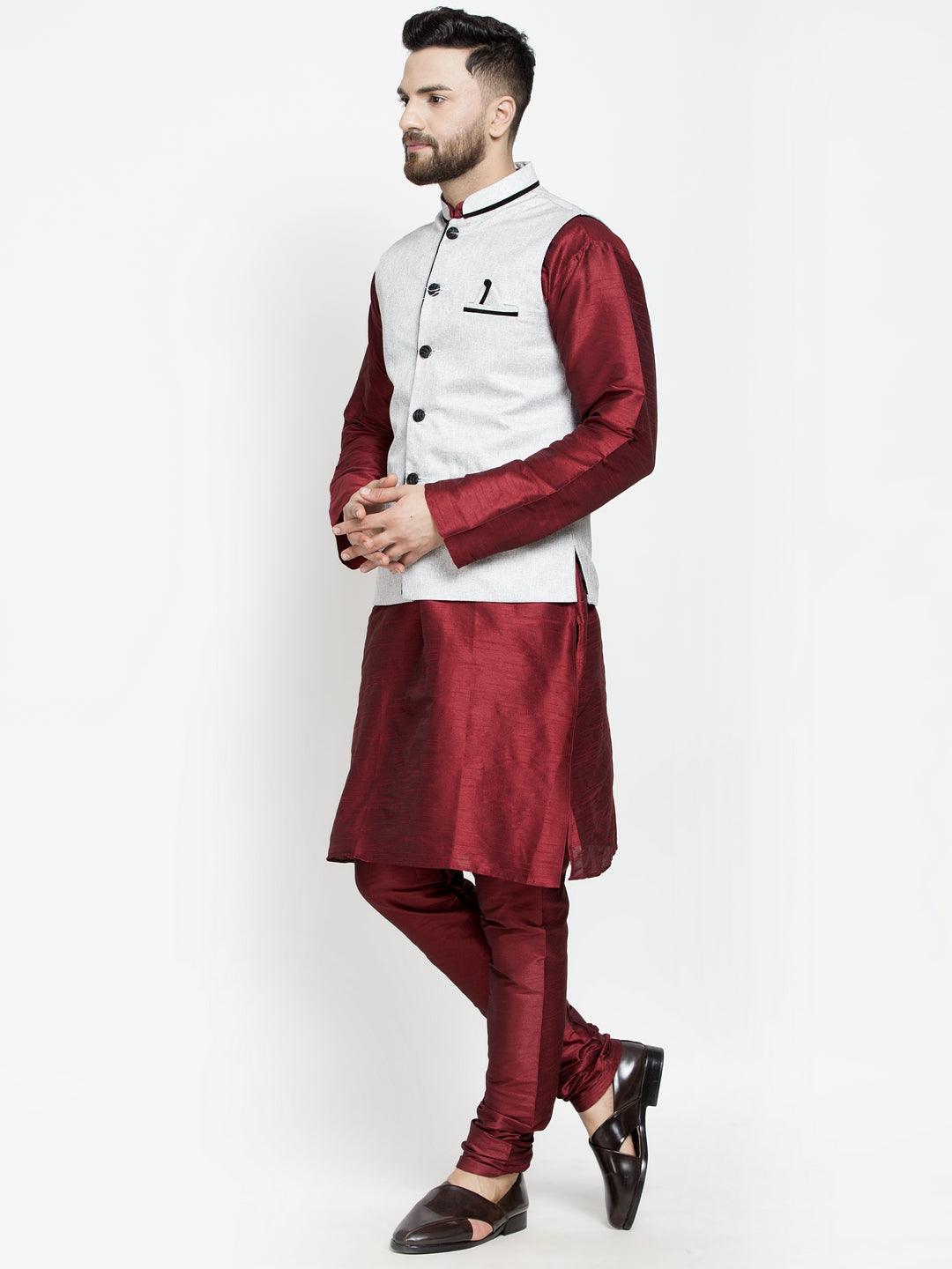 Men's Silk Blend Maroon Kurta With Pyjama & Grey Nehru Jacket - Benstoke - Indiakreations