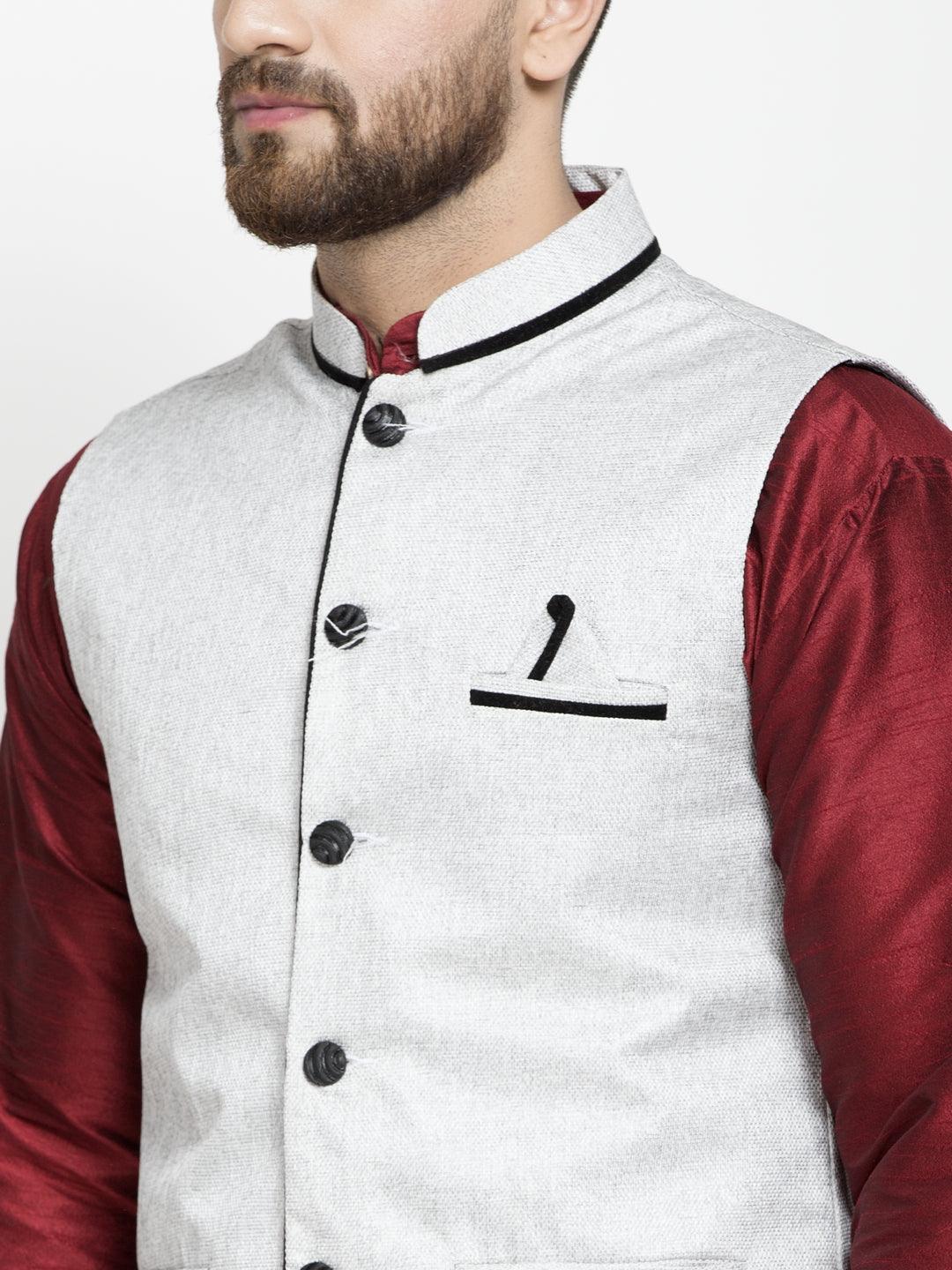 Men's Silk Blend Maroon Kurta With Pyjama & Grey Nehru Jacket - Benstoke - Indiakreations