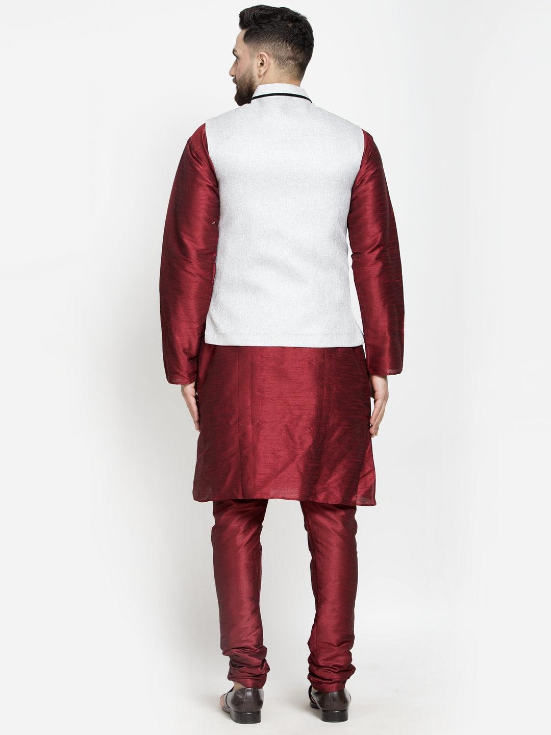 Men's Silk Blend Maroon Kurta With Pyjama & Grey Nehru Jacket - Benstoke - Indiakreations