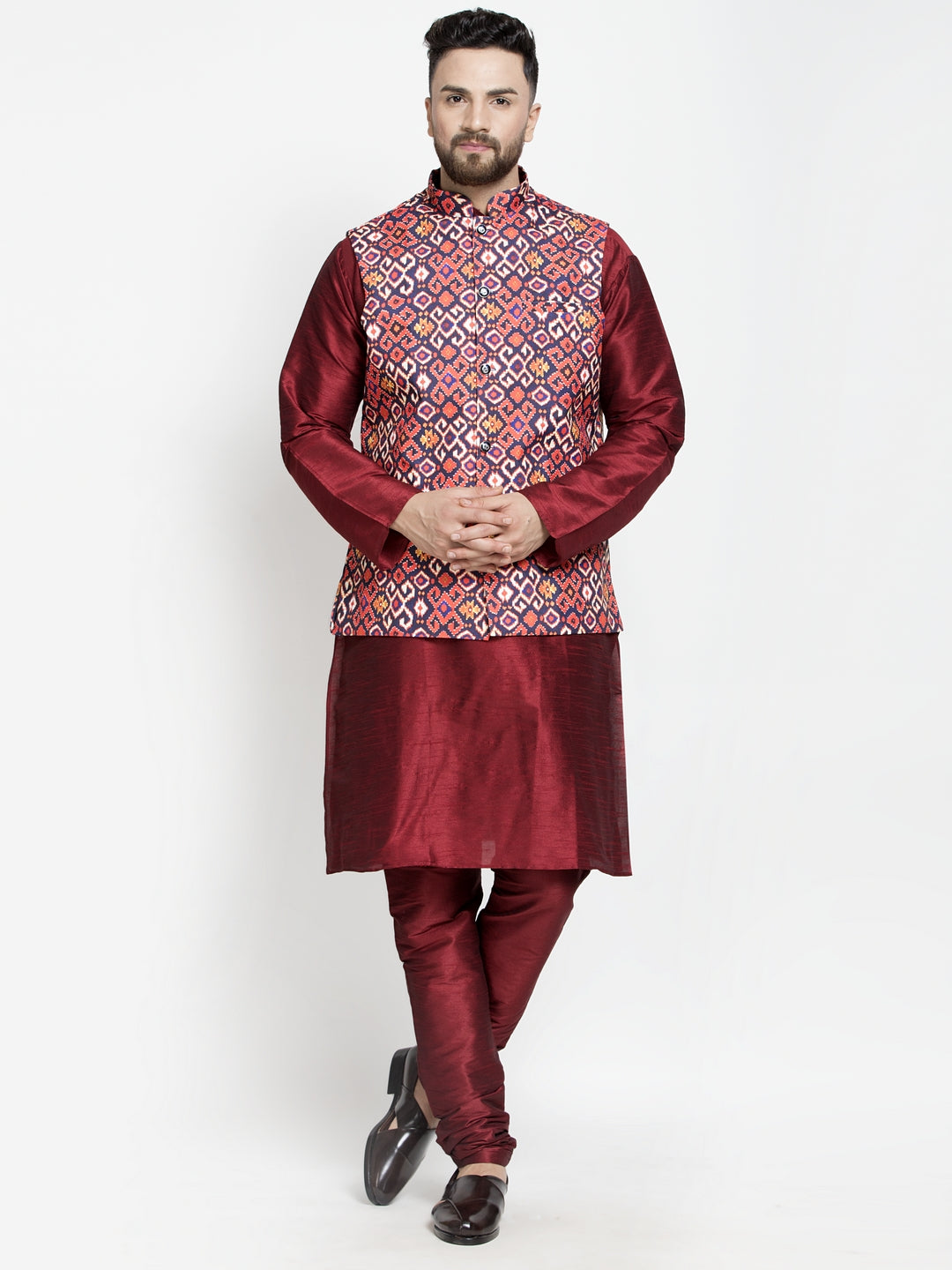 Men's Silk Blend Maroon Kurta With Pyjama & Multicolor Printed Nehru Jacket - Benstoke