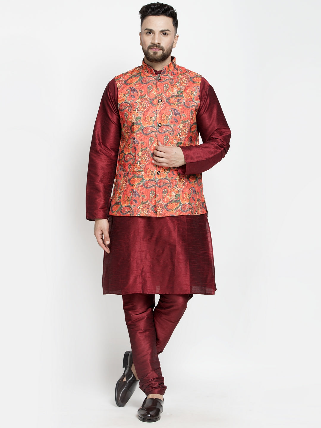 Men's Silk Blend Maroon Kurta With Pyjama & Orange Printed Nehru Jacket - Benstoke