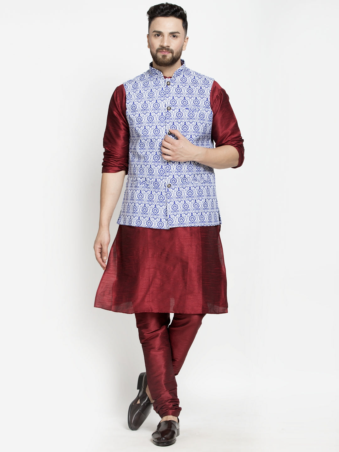 Men's Silk Blend Maroon Kurta With Pyjama & Blue Printed Nehru Jacket - Benstoke