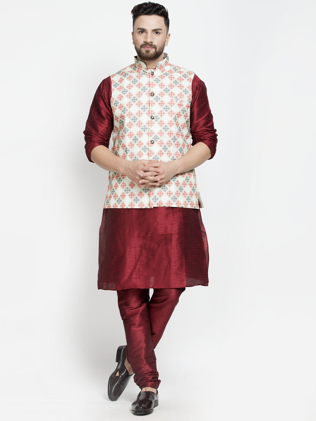 Men's Silk Blend Maroon Kurta With Pyjama & Green Printed Nehru Jacket - Benstoke