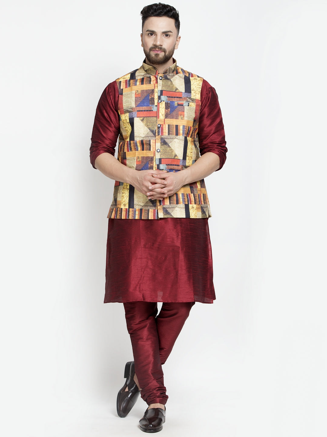 Men's Silk Blend Maroon Kurta With Pyjama & Multicolor Printed Nehru Jacket - Benstoke