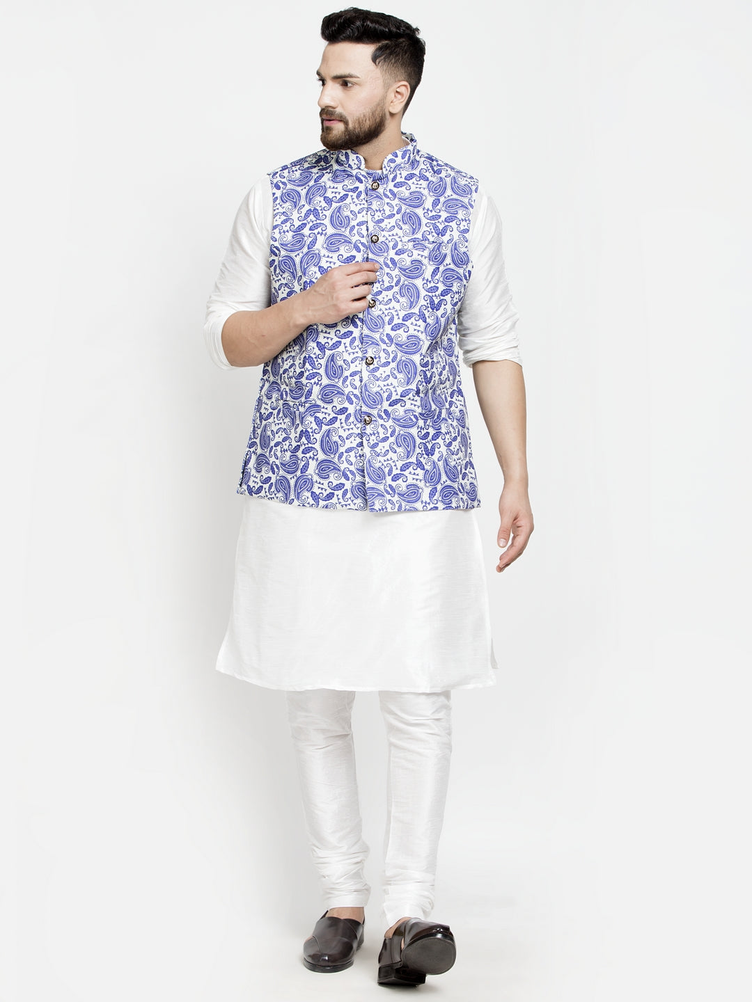 Men's Silk Blend White Kurta With Pyjama & Blue Printed Nehru Jacket - Benstoke