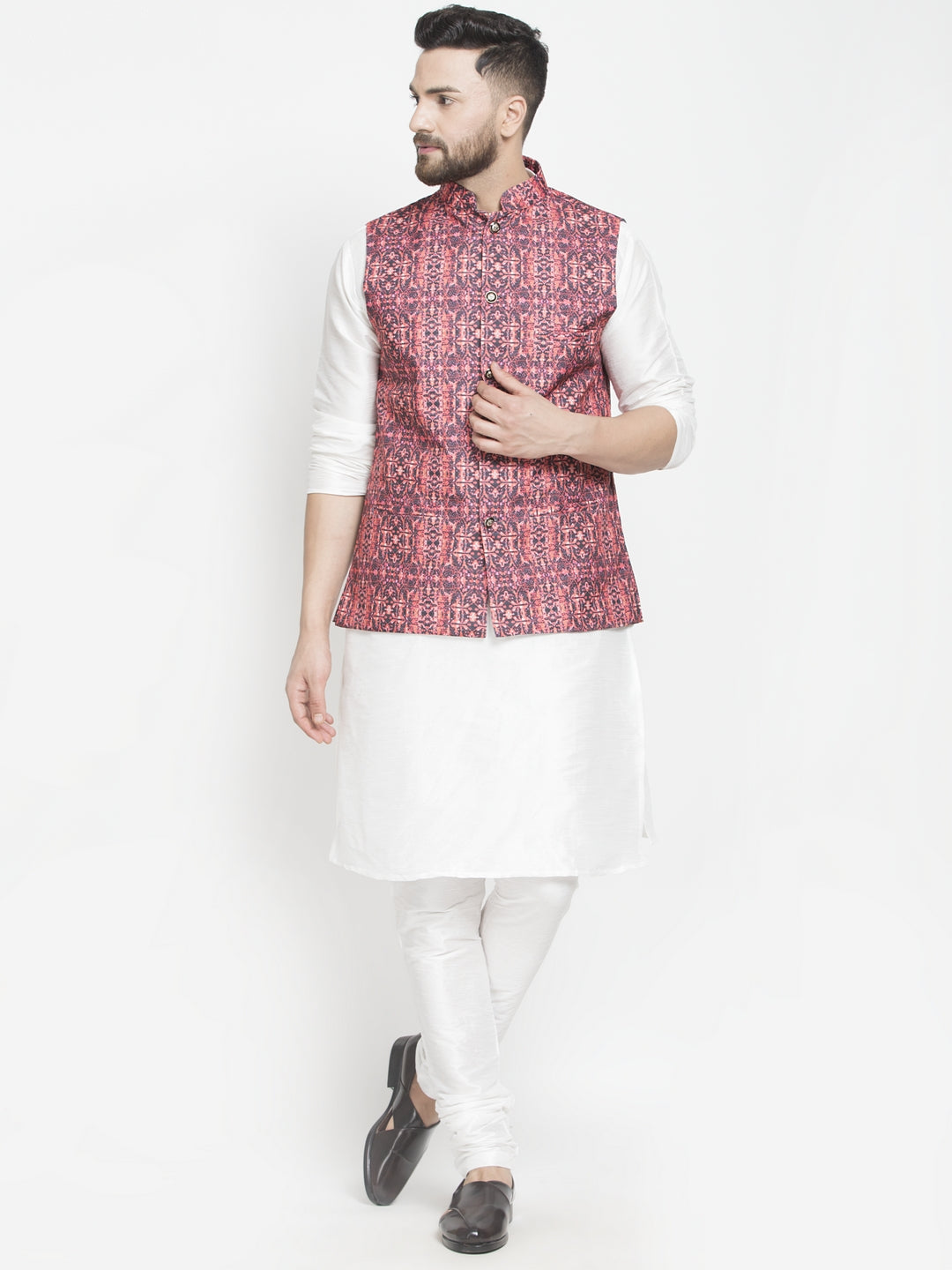 Men's Silk Blend White Kurta With Pyjama & Coral Red Printed Nehru Jacket - Benstoke