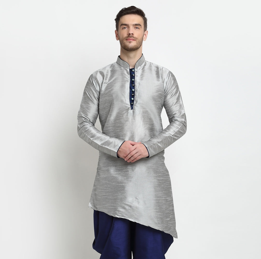 Men's Silk Blend Grey Asymmetrica Short Kurta - Benstoke