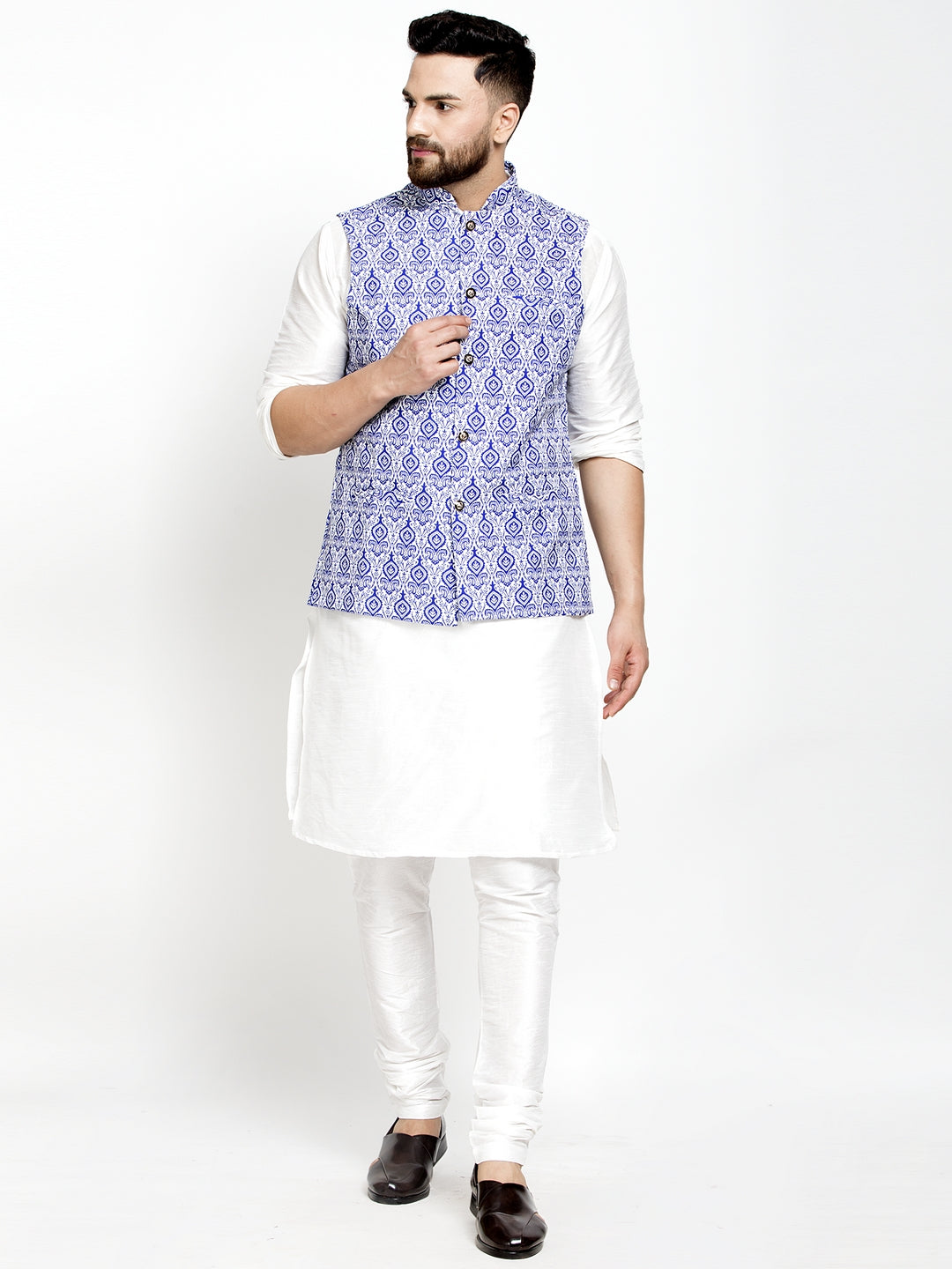 Men's Silk Blend White Kurta With Pyjama & Blue Printed Nehru Jacket - Benstoke