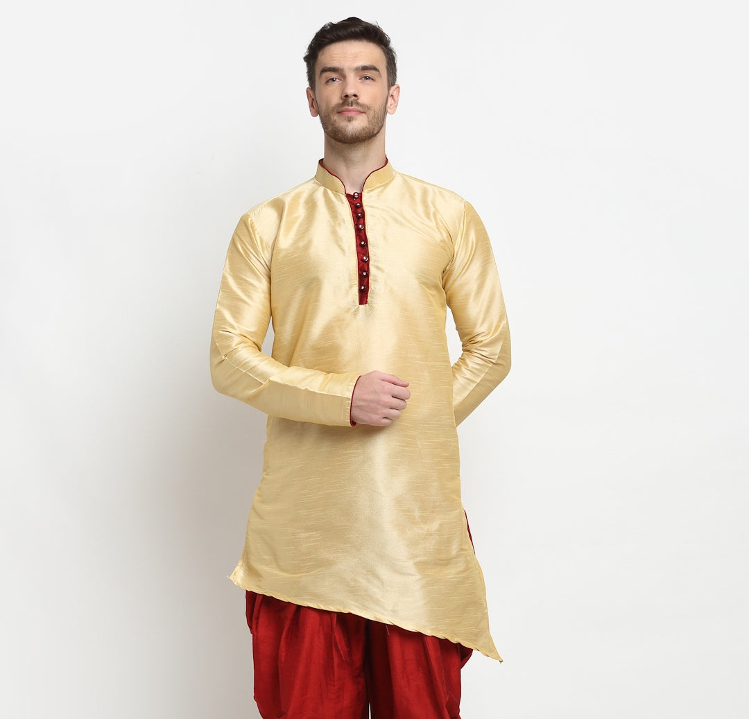 Men's Silk Blend Gold Asymmetrica Short Kurta - Benstoke