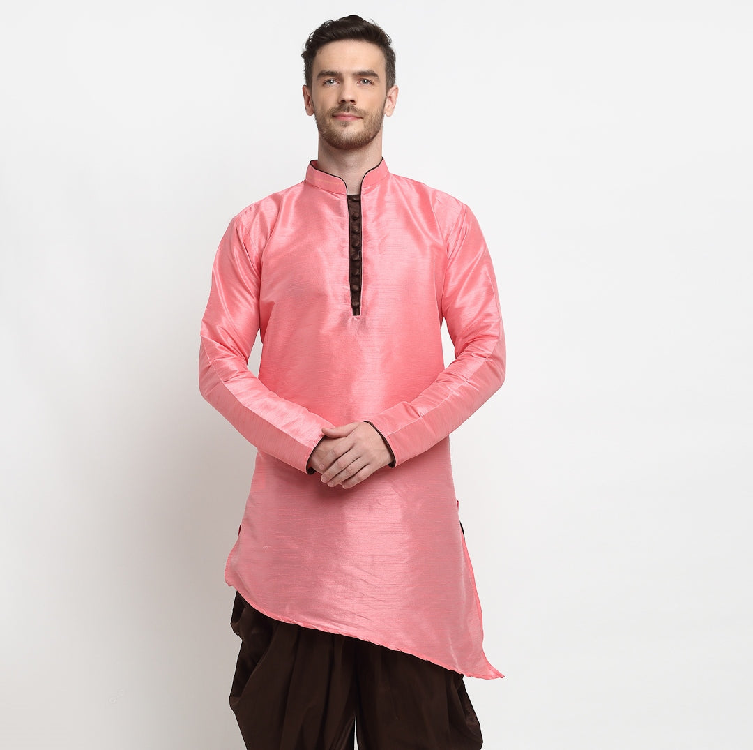 Men's Silk Blend Pink Asymmetrica Short Kurta - Benstoke