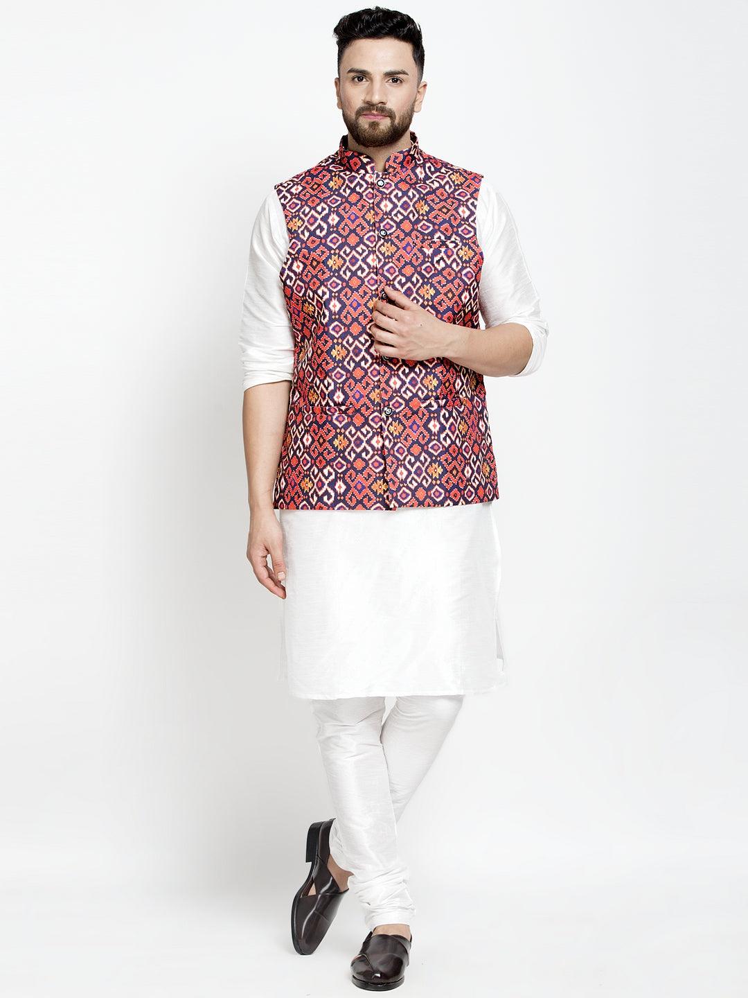 Men's Silk Blend White Kurta With Pyjama & Navy Blue Printed Nehru Jacket - Benstoke - Indiakreations