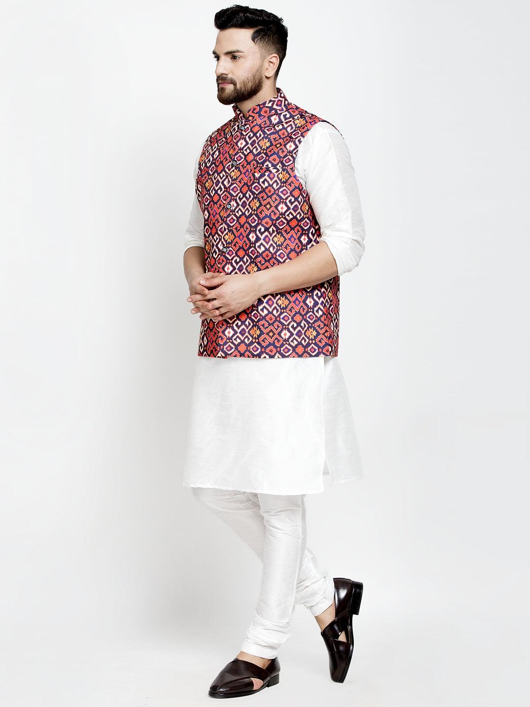 Men's Silk Blend White Kurta With Pyjama & Navy Blue Printed Nehru Jacket - Benstoke - Indiakreations