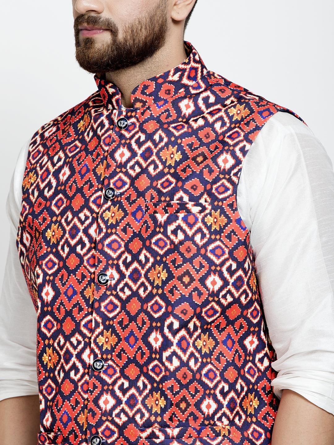 Men's Silk Blend White Kurta With Pyjama & Navy Blue Printed Nehru Jacket - Benstoke - Indiakreations