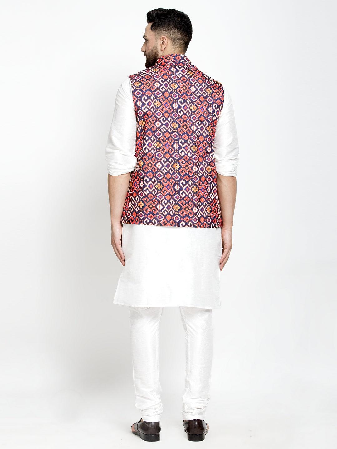 Men's Silk Blend White Kurta With Pyjama & Navy Blue Printed Nehru Jacket - Benstoke - Indiakreations