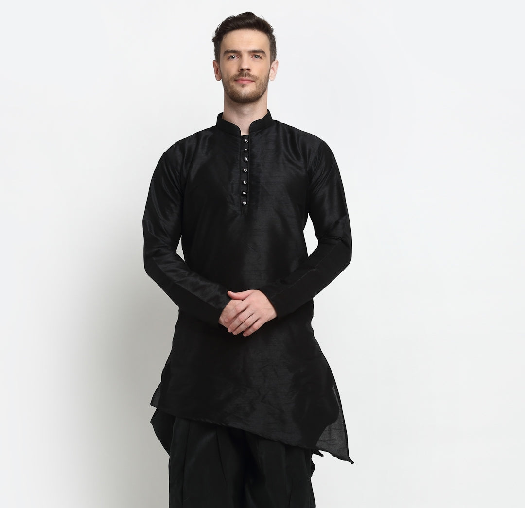 Men's Silk Blend Black Asymmetrica Short Kurta - Benstoke