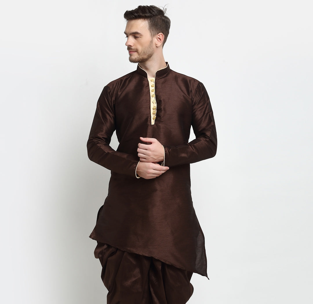 Men's Silk Blend Brown Asymmetrica Short Kurta - Benstoke