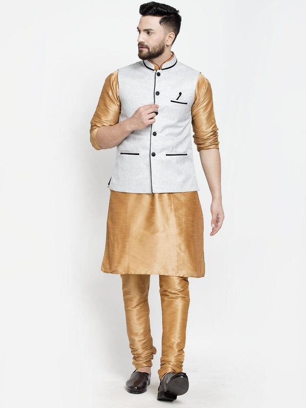 Men's Silk Blend Copper Kurta With Pyjama & Grey Nehru Jacket - Benstoke - Indiakreations