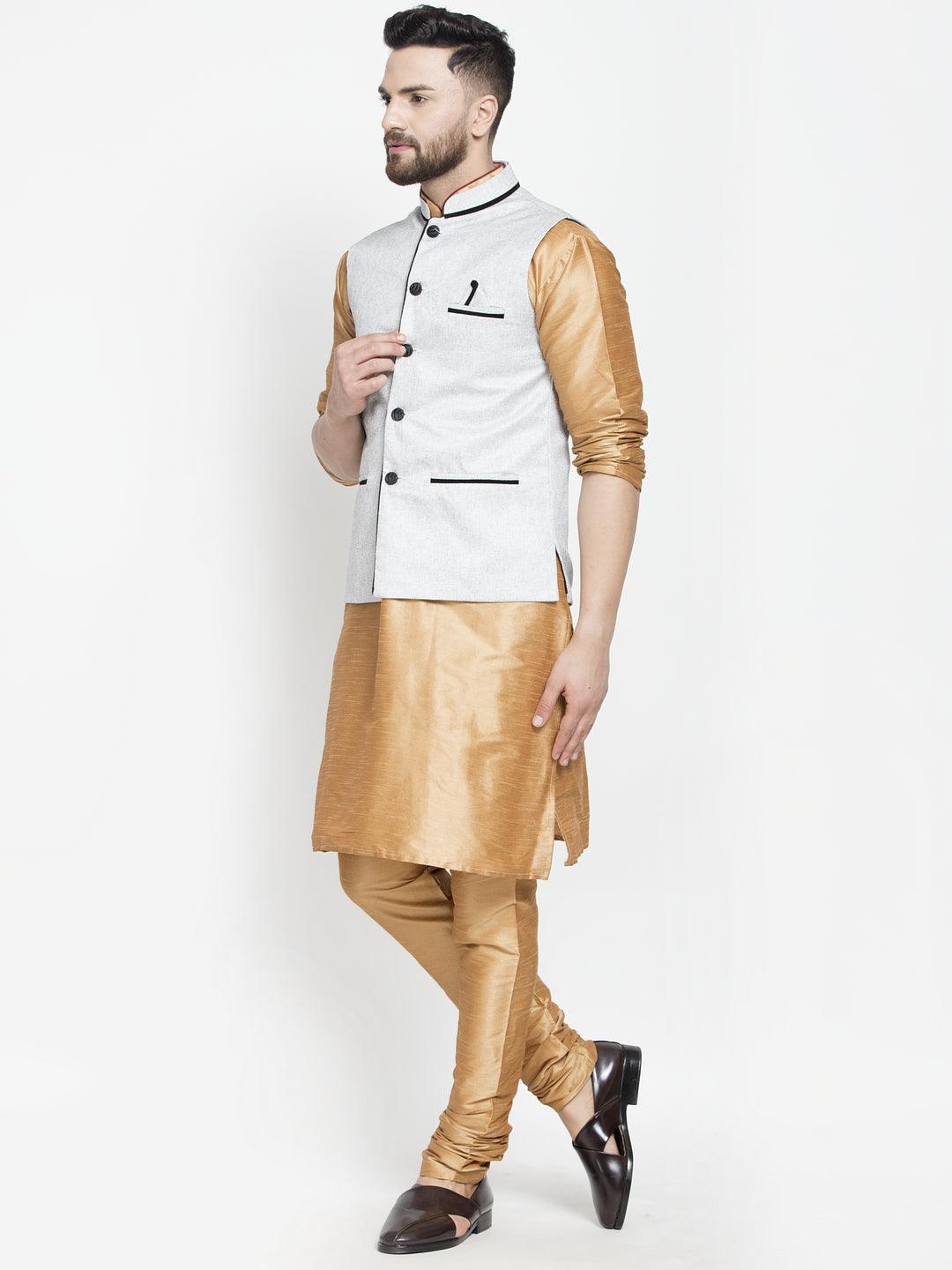 Men's Silk Blend Copper Kurta With Pyjama & Grey Nehru Jacket - Benstoke - Indiakreations