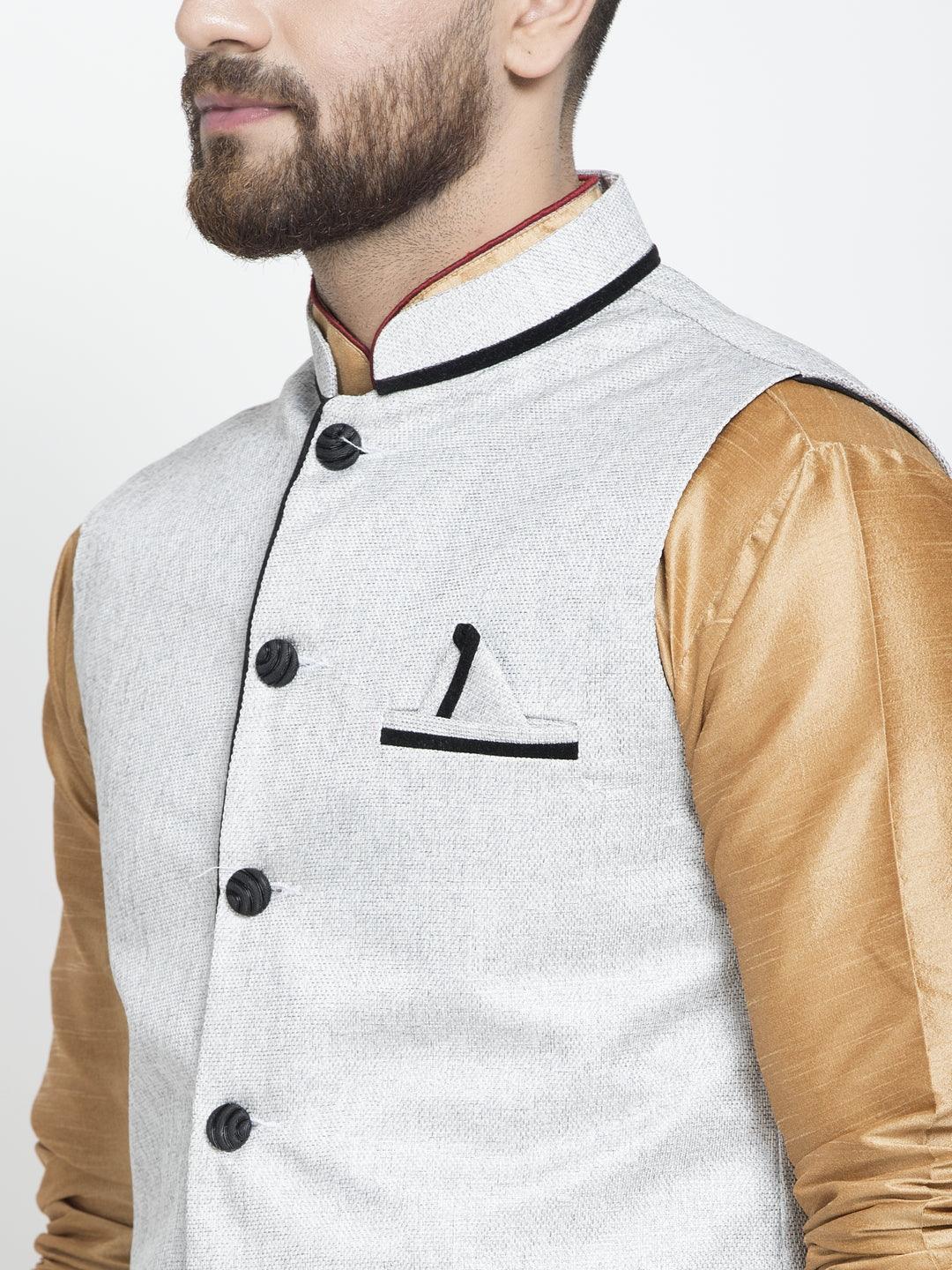 Men's Silk Blend Copper Kurta With Pyjama & Grey Nehru Jacket - Benstoke - Indiakreations