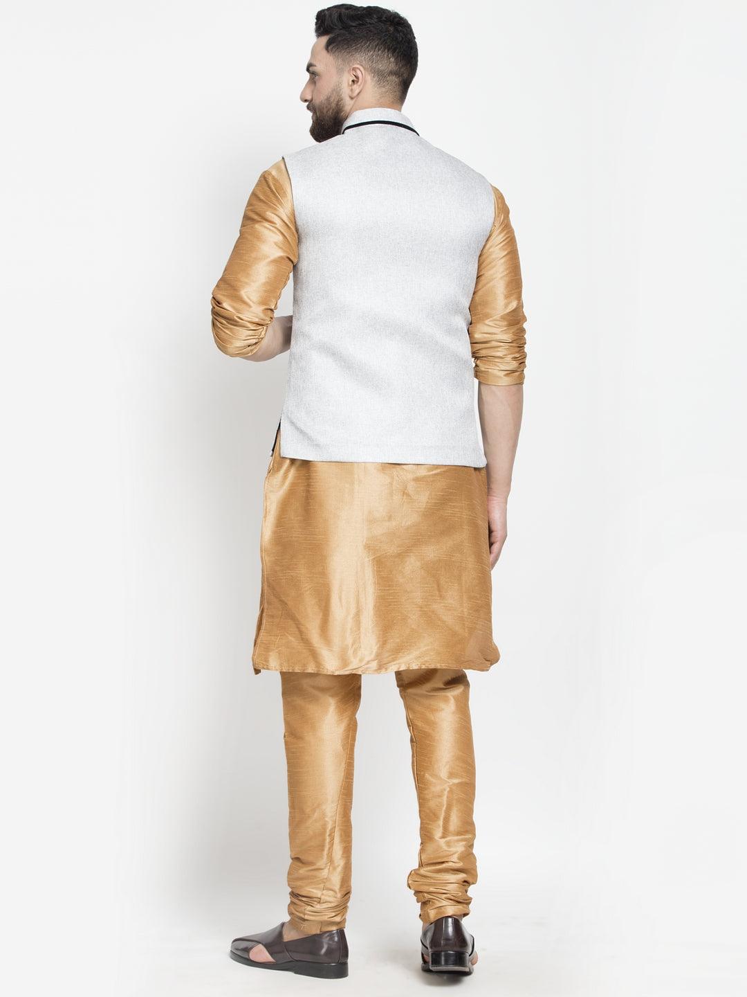 Men's Silk Blend Copper Kurta With Pyjama & Grey Nehru Jacket - Benstoke - Indiakreations