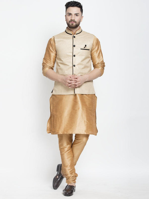 Men's Silk Blend Copper Kurta With Pyjama & Beige Nehru Jacket - Benstoke - Indiakreations