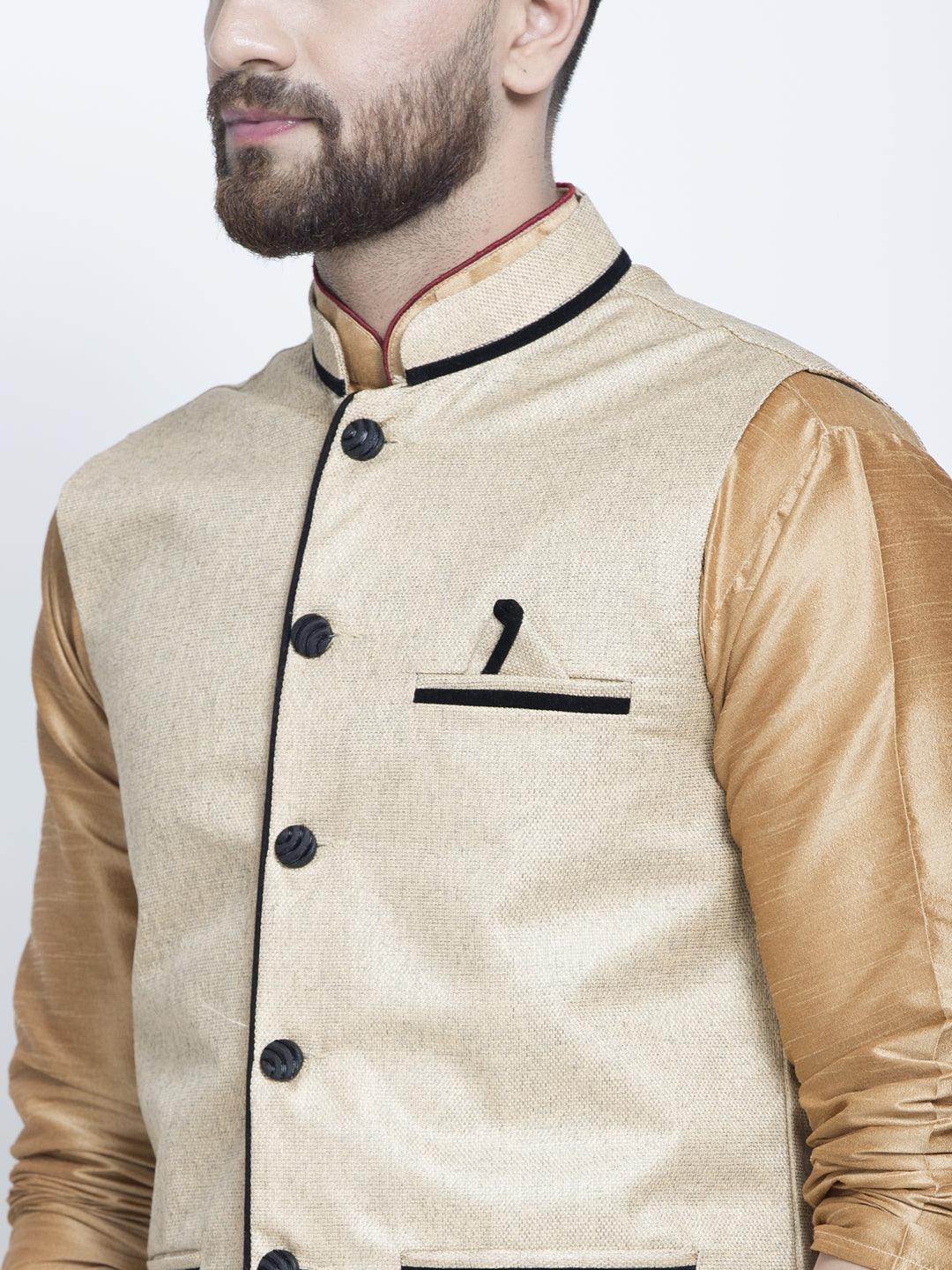 Men's Silk Blend Copper Kurta With Pyjama & Beige Nehru Jacket - Benstoke - Indiakreations