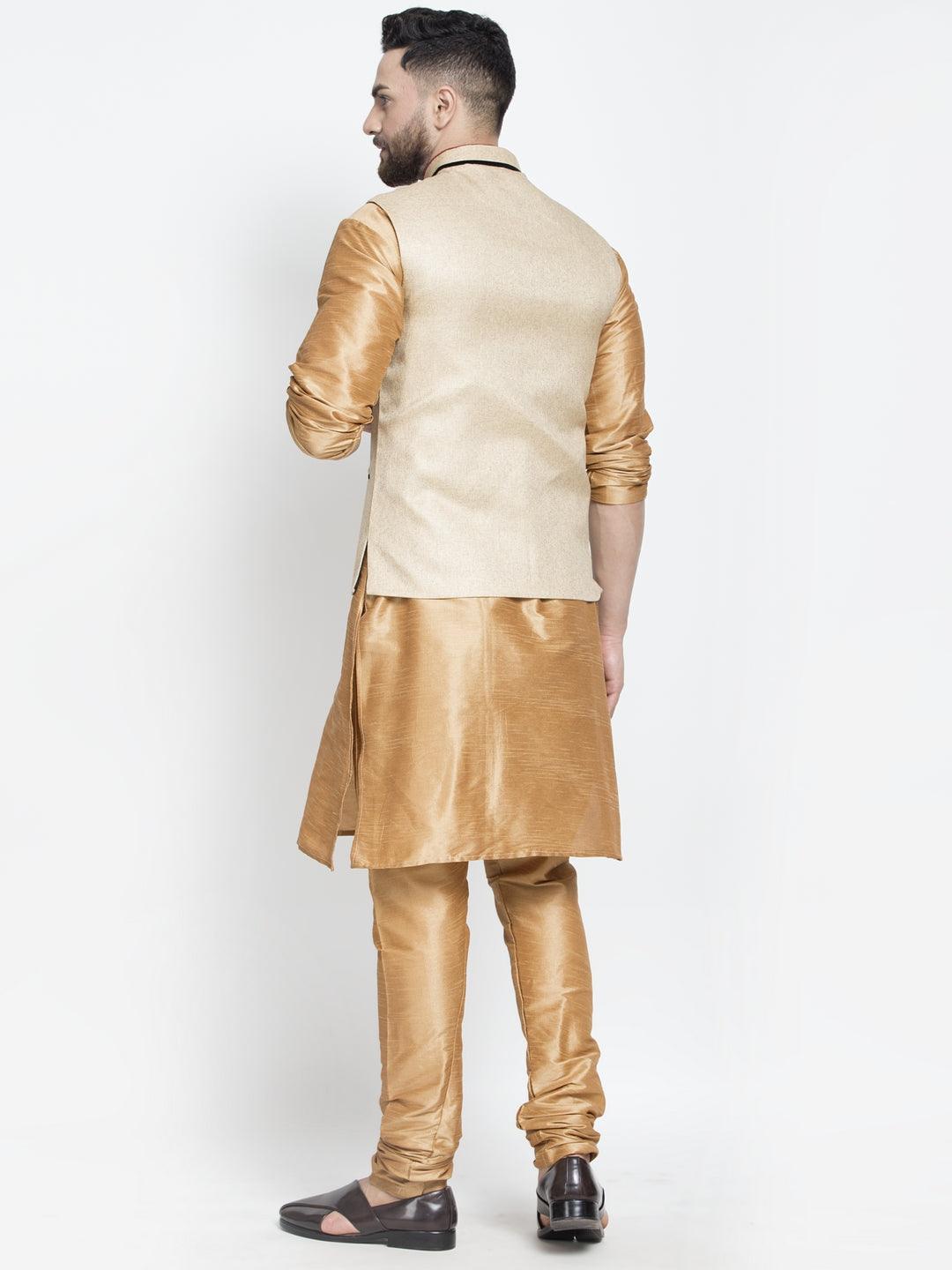 Men's Silk Blend Copper Kurta With Pyjama & Beige Nehru Jacket - Benstoke - Indiakreations