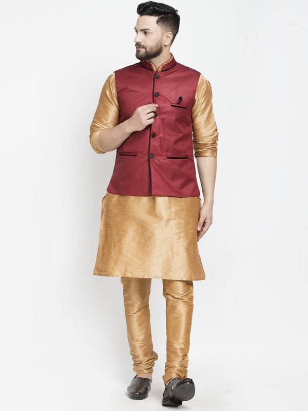 Men's Silk Blend Copper Kurta With Pyjama & Maroon Nehru Jacket - Benstoke - Indiakreations