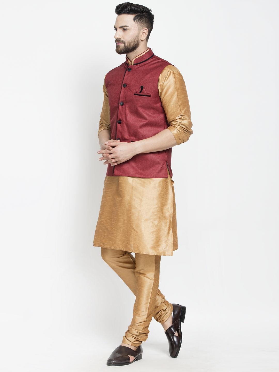 Men's Silk Blend Copper Kurta With Pyjama & Maroon Nehru Jacket - Benstoke - Indiakreations