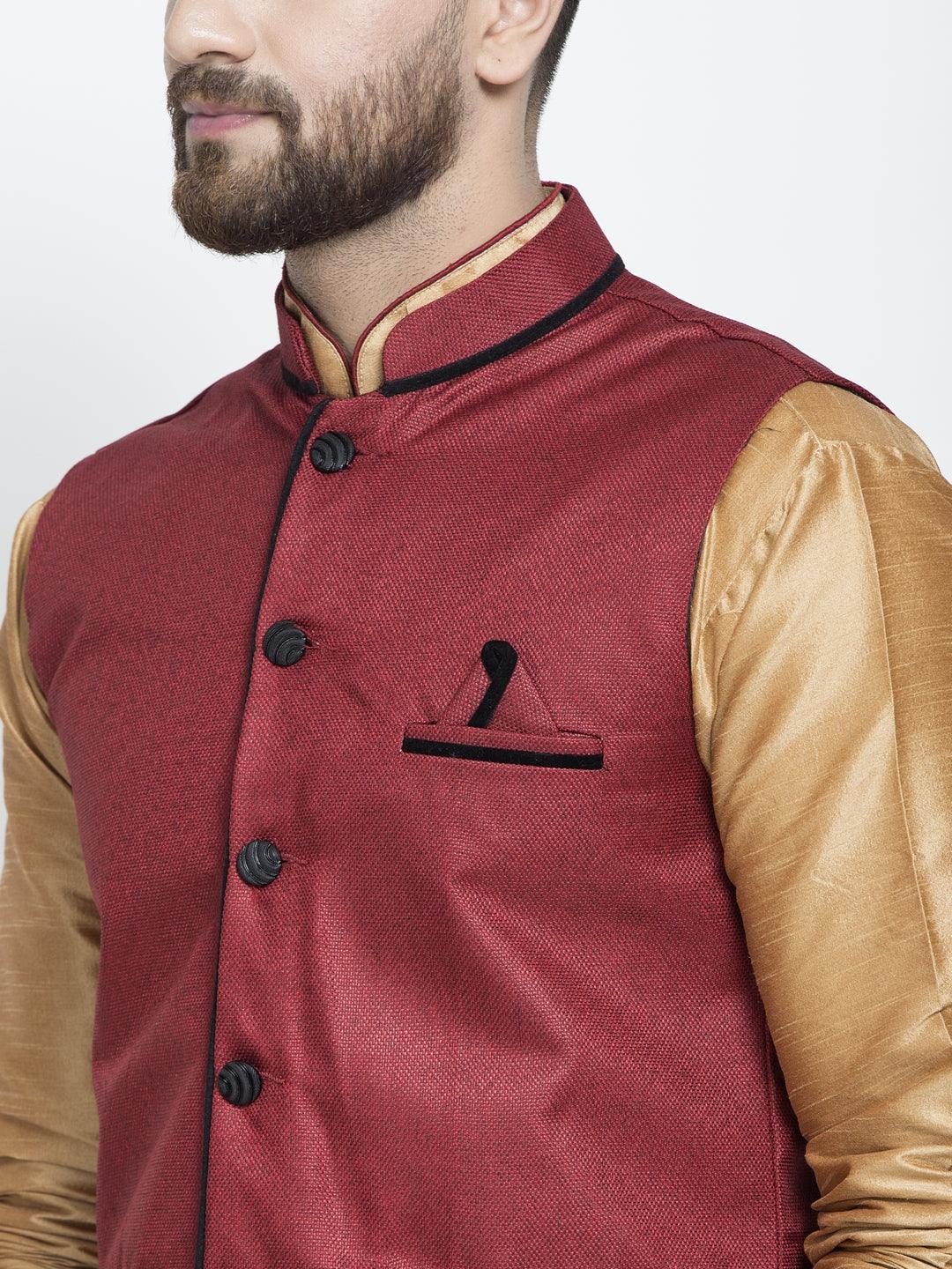 Men's Silk Blend Copper Kurta With Pyjama & Maroon Nehru Jacket - Benstoke - Indiakreations