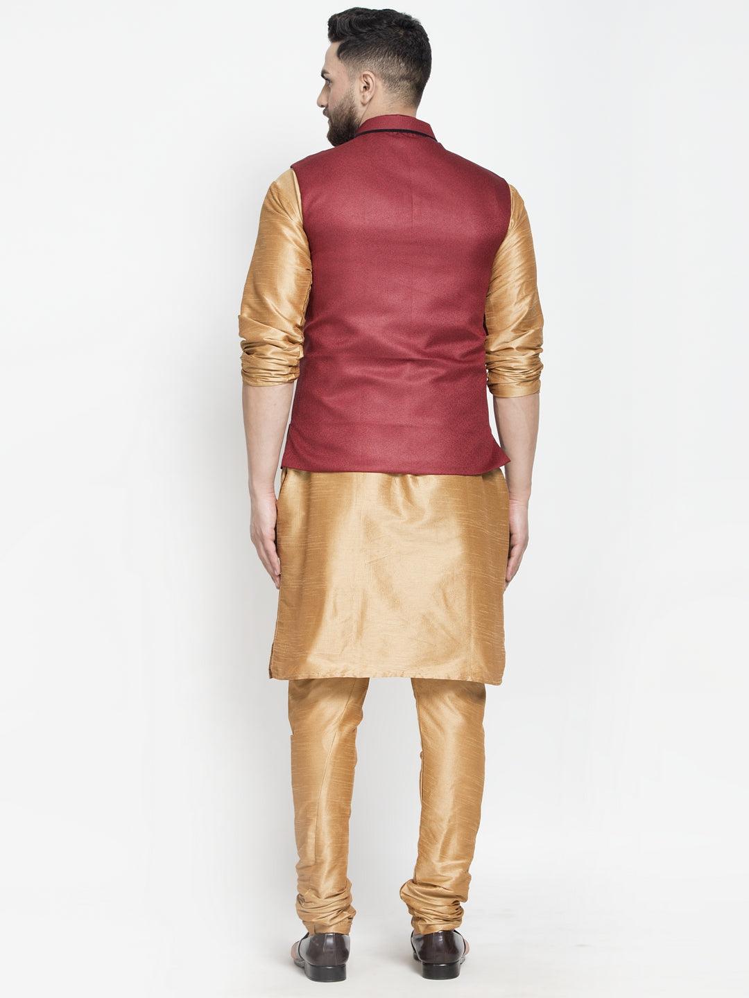 Men's Silk Blend Copper Kurta With Pyjama & Maroon Nehru Jacket - Benstoke - Indiakreations