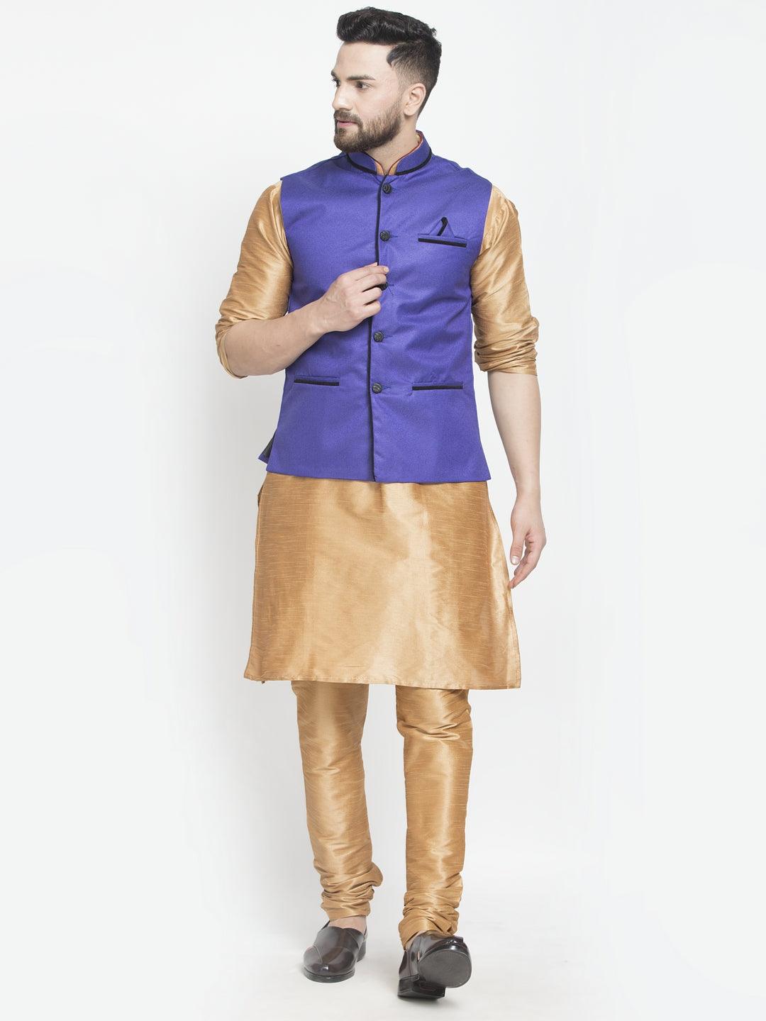 Men's Silk Blend Copper Kurta With Pyjama & Royal Blue Nehru Jacket - Benstoke - Indiakreations